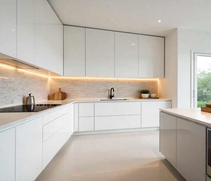 It shows a Flat Panel and handle less cabinetry designs for a kitchen. making it one of the top cabinet styles for 2025