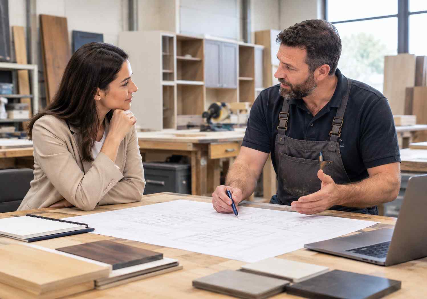 Homeowner asking questions to cabinet makers Melbourne before hiring for custom cabinets and kitchen cabinetry project