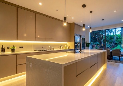 Multi-functional kitchen island in modern kitchen design Melbourne with storage and seating