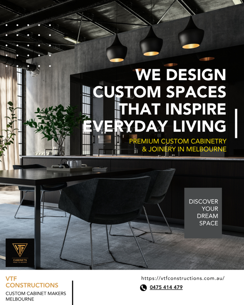 VTF Constructions custom cabinetry project in Tullamarine featuring modern kitchen cabinets, premium finishes, and tailored storage solutions for Melbourne homeowners