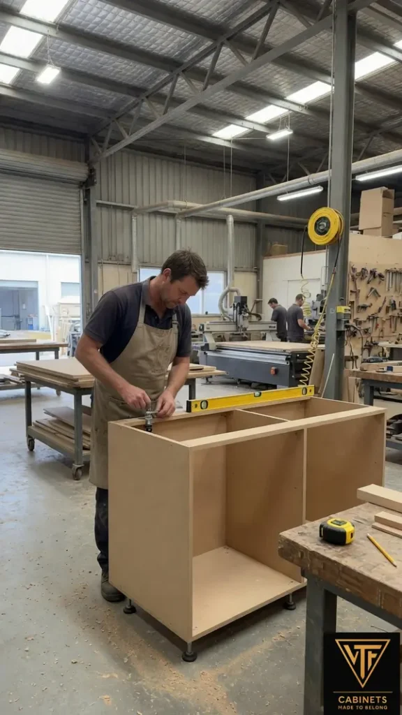 A cabinet making workshop with a person working on cabinet joinery.