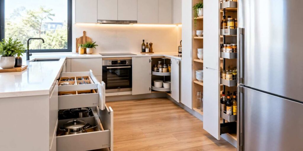Kitchen cabinet storage ideas for Melbourne homes, featuring space-saving drawers, corner cabinets, pantry storage and custom cabinetry.