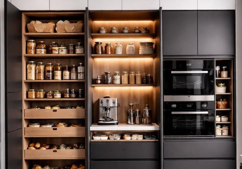 Kitchen pantry storage ideas featuring pull-out shelves, organized food containers and accessible racks to keep pantry items visible and easy to reach.