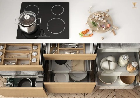 Pull-out kitchen drawers with deep storage compartments for pots, pans and cooking utensils, improving accessibility and kitchen organization.